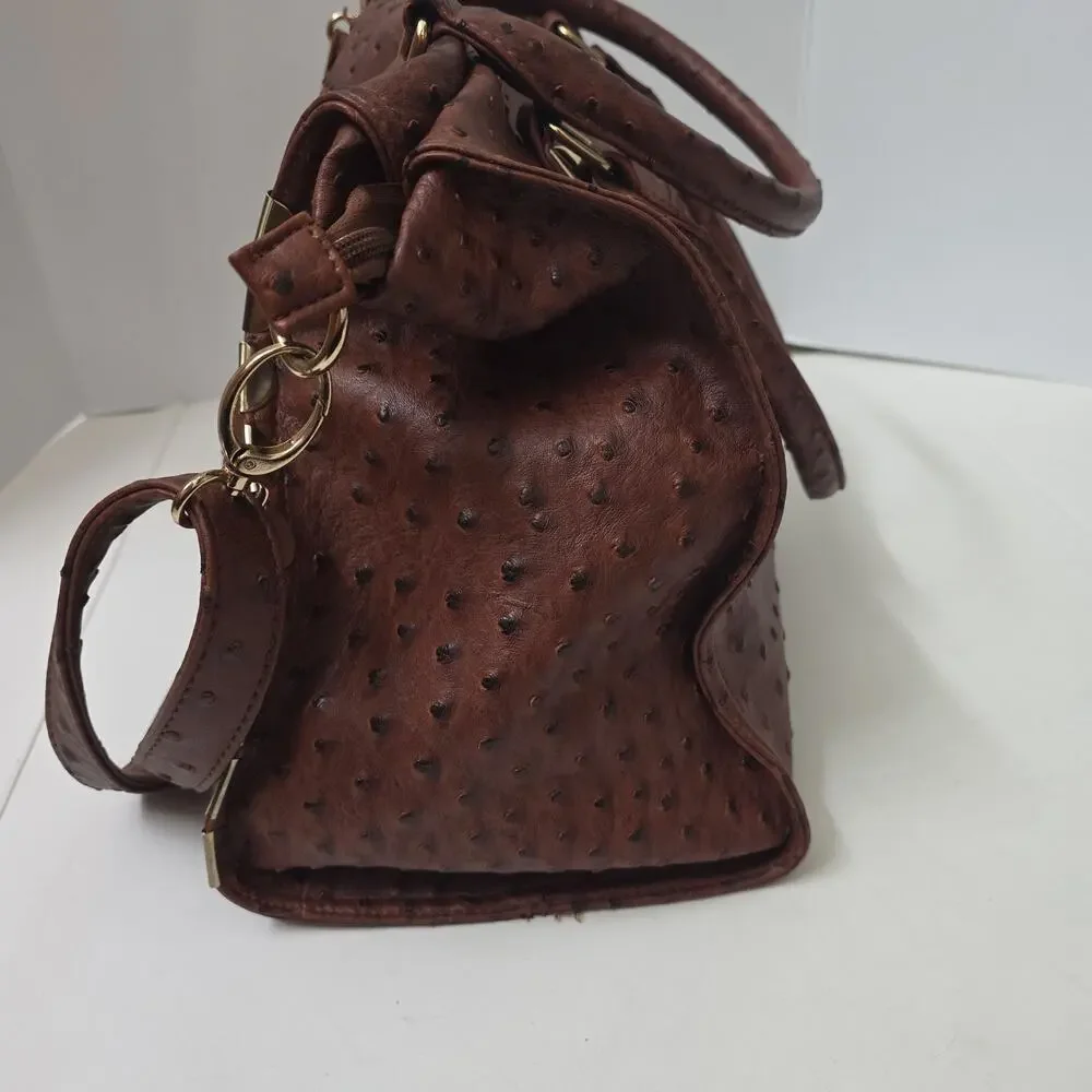 Imoshion Brown Ostrich Embossed Satchel Crossbody Large Bag Tassel Studded Purse